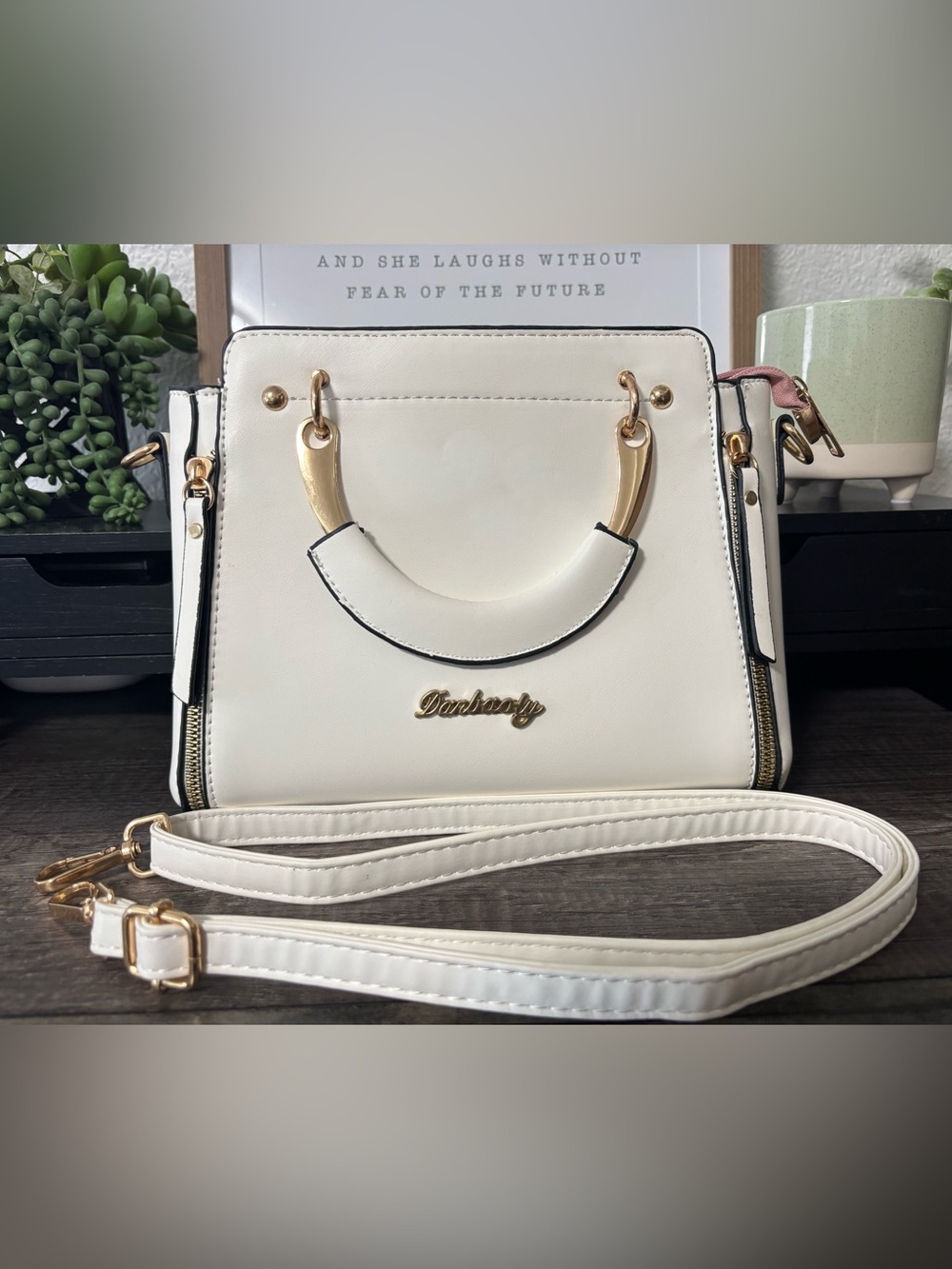 White Satchel Crossbody Bag with Gold Accents